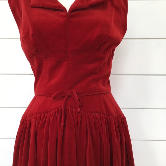 SOLD :: Vintage 50s Red Velvet Circle Midi Dress - Picture 5 of 7